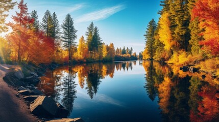 A tranquil river bend in autumn, with colorful foliage reflecting in the still water and a clear sky.