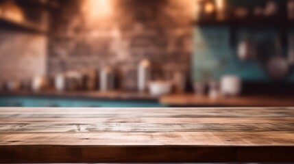wooden kitchen table in a gorgous kitchen with a strong background bokeh
