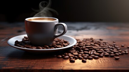 A hot cup of coffee with beans.