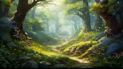 An enchanted forest glade with a small clearing, wildflowers, and dappled sunlight.