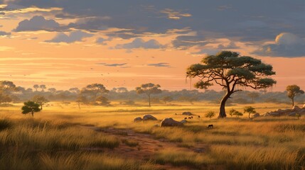 An expansive savanna landscape at golden hour, with acacia trees and long shadows on the grass.