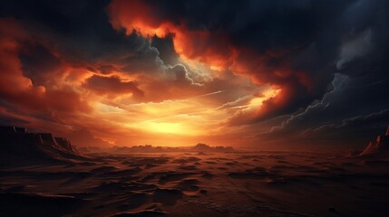 A dramatic sky over a barren landscape, with dark clouds, a setting sun, and a sense of vastness. - Powered by Adobe