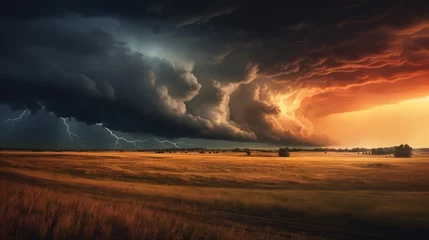 Muurstickers A dramatic thunderstorm over a prairie, with lightning in the distance and dark, ominous clouds. © Tahir