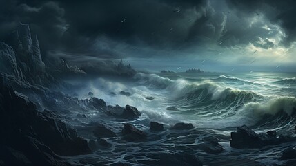 A dramatic view of a stormy sea from a high cliff, with crashing waves and dark clouds.