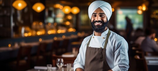 Fototapeta na wymiar East Indian Man Waiter Employee Career Good Looking Concept Generative AI