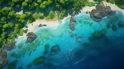 A lush, tropical island view from above, with white sandy beaches, palm trees, and coral reefs.