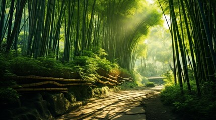 A lush bamboo forest with tall green stalks, a narrow path, and soft, filtered sunlight.