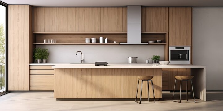 Contemporary minimalist kitchen with wood furnishings and appliances