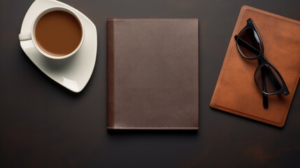 A blank diary note book and a cup of hot coffee on table.
 - obrazy, fototapety, plakaty
