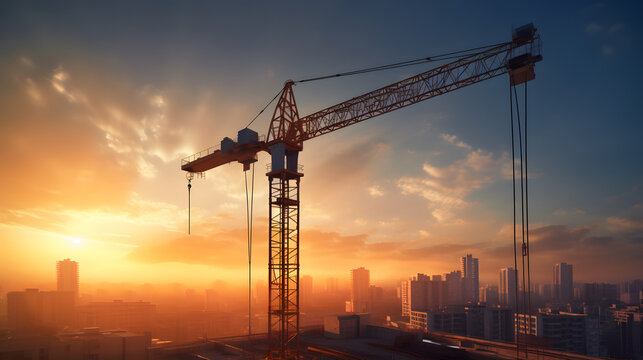 Crane holding big white blades on wind turbine / solar panel construction site on sunset daytime