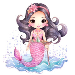 Cute Mermaid Princess Watercolor Clipart Illustration