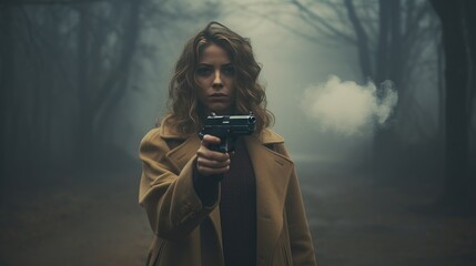 portrait of sexy young woman holding gun - obrazy, fototapety, plakaty