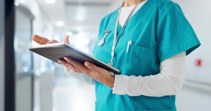 Nurse, hands and tablet for hospital data, results or medical software of online charts, schedule and information. Healthcare person or doctor with research, scroll and typing on digital technology