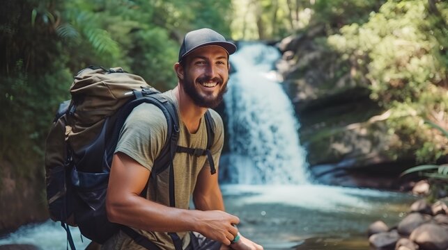 a delightful young male hiker taking a break against the backdrop of a small waterfall located in the forest. generative AI - Powered by Adobe