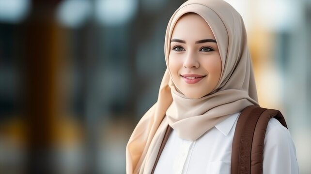 Fototapeta Portrait photo of a beautiful young Muslim female student in school uniform, one color background, copy space - generative ai