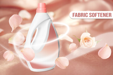 Fabric softener advertising design. Rose petals flying around bottle of conditioner on color background
