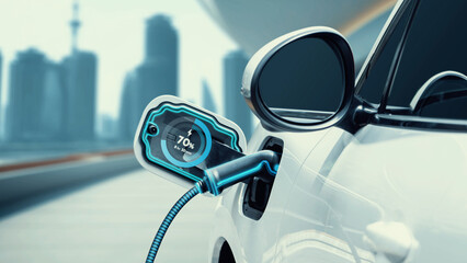 Electric car plug in with charging station to recharge battery display smart digital battery status...