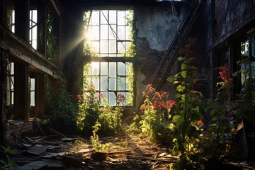 Zelfklevend Fotobehang Nature's Reclaim  A Hauntingly Beautiful Abandoned Factory Reborn with Greenery © Saran