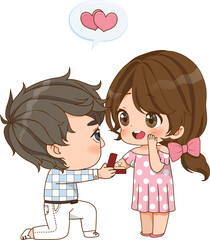 Valentine day cartoon with man proposing to the woman kneeling