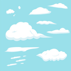 Vector cartoon flat clouds collection day and night with sun and thunder tornado rainbow illustrations