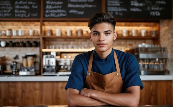 Young diverse latin American cafe worker in a modern, stylish cafe. Brown skin ethnicity cafe barista of top quality. HD high resolution image.