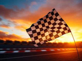 Foto op Canvas checkered flag on sunset background © 인혜 갈