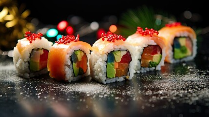 christmas sushi holiday decoration, food photography 