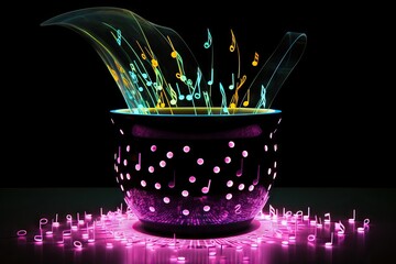 pop art vase made of music visualizer, neon resin, vibrating musical notes 