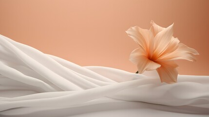 A single flower sitting on top of a white cloth. Monochrome peach fuzz background.