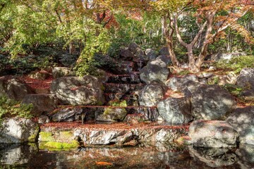 たくさんのカラフルなモミジの落ち葉に囲まれた滝の情景