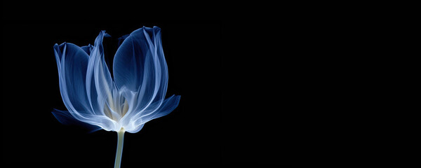 Horizontal banner with space for text. Realistic illustrations of flower in x-rays on dark background. Blue petal. Concept of checking health, wellness, growing plants, botany. Generative AI	 - obrazy, fototapety, plakaty