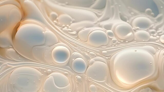 A dense milky syrup oozes across a surface in microscopic tendrils each bubble visibly emerging from its viscid depths.