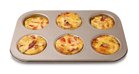Freshly baked bacon and egg muffins with cheese in tin isolated on white