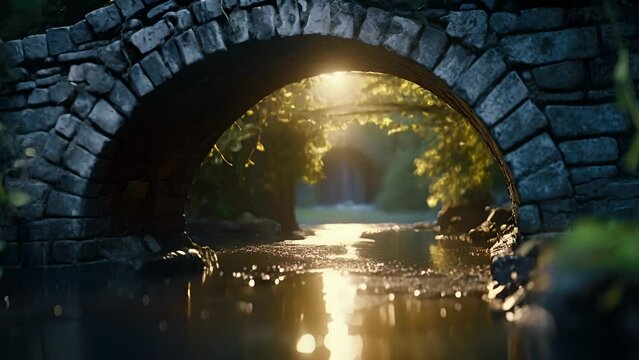 Closeup of a stone bridge arching over the tranquil canal, illuminated by the moonlight from above.