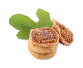 Tasty dried figs and green leaf isolated on white