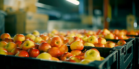 Apples in a food processing facility, clean and fresh in store . Generative AI
