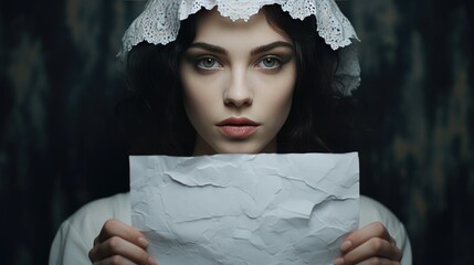 portrait of young woman holding white paper board with copy space