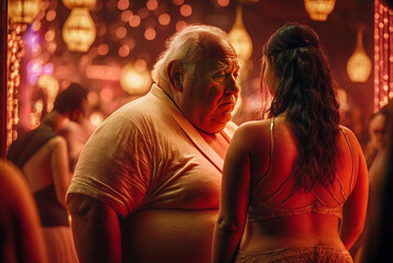sugar daddy in a fictitious red light district with slightly fat older man looking eagerly at prostitutes bodies, sex tourism, street with nightclubs or strip clubs, asian looking ladies