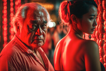 sugar daddy in a fictitious red light district with slightly fat older man looking eagerly at prostitutes bodies, sex tourism, street with nightclubs or strip clubs, asian looking ladies - obrazy, fototapety, plakaty