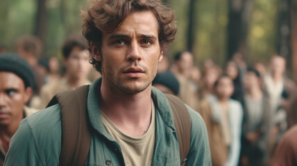 A group of adventurers or hostages or shocked eyewitnesses on a forest edge or jungle, worried and frightened, terror or survivors in the wilderness and nature, fictional