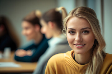 happy blonde student in yellow sweater, enjoying class with lively classmates, youthful enthusiasm. fictional location - obrazy, fototapety, plakaty