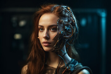a young attractive woman half-robot or a humanoid android with artificial intelligence parts or a technological upgrade as human evolution, mechanical body parts