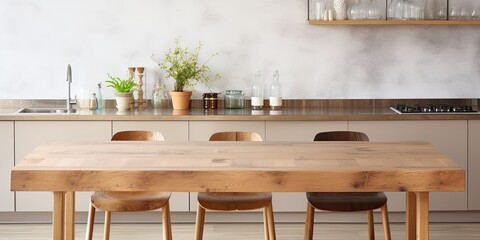 Wooden table in a hazy contemporary kitchen setting.