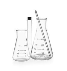 Empty flasks, test tube and stirring rod isolated on white