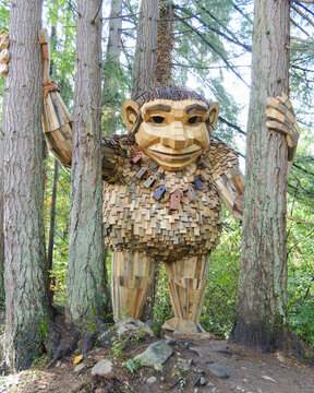 Issaquah, WA, USA - October 26, 2023; Danish environmental artist Thomas Dambo artwork - Jakob Two Trees with full view