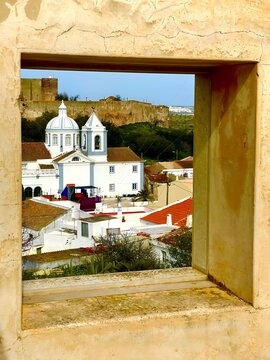 Portuguese medieval village view with church and castle