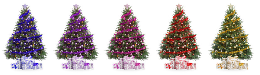 Christmas trees decorated in different colors isolated on white, collection