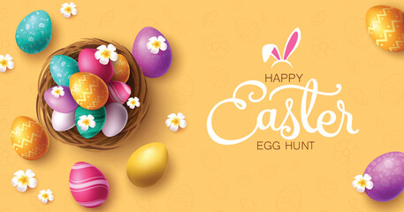 Happy easter greeting text vector design. Happy easter greeting card with colorful cute eggs and nest decoration elements in yellow background  Vector illustration easter egg hunt kids party  - obrazy, fototapety, plakaty