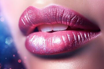 close up of a girl's lips wearing lipstick and glitter - obrazy, fototapety, plakaty