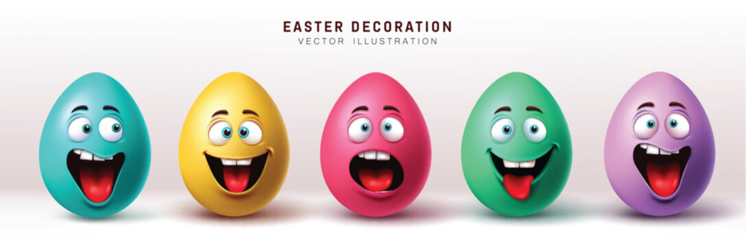 Easter eggs characters vector set design. Easter egg character decoration with happy, smiling and cute face expression colorful collection. Vector illustration easter egg character collection.
